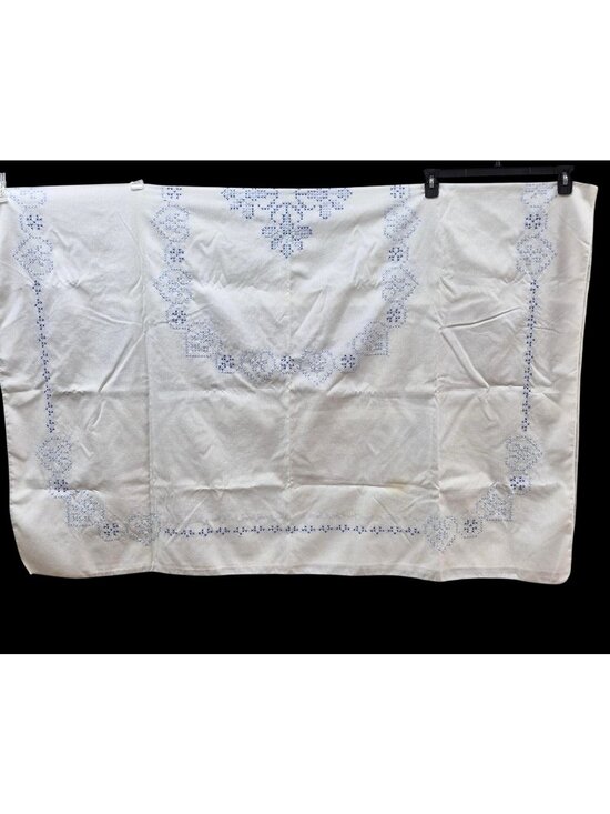 None Other - Vintage Hand Embroidered White Tablecloth Blue Cross-Stitch Heart Floral Cotton